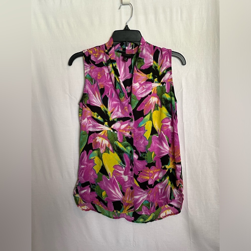 Worthington - Pink and Yellow Sleeveless Blouse with Mandarin Collar